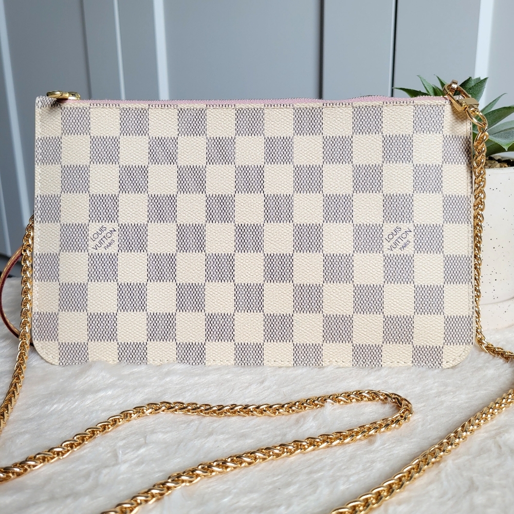 Louis Vuitton Neverfull Clutch Wristlet Damier Azur Rose Ballerine - Mm - Picture 3 of 17